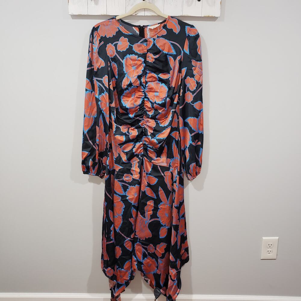 MelloDay Floral Midi Dress Medium Ruched Long Sleeve Asymmetrical Hem